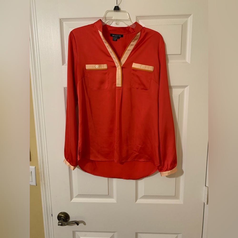 Tracy M Vibrant Red V-Neck Long Sleeve Blouse with Cream Trim & Front Pockets L